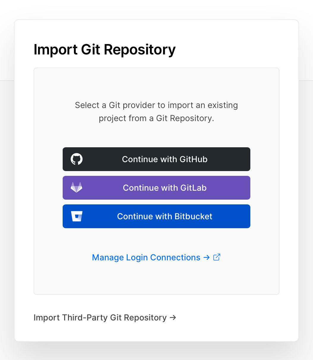 Screenshot of the Vercel UI to import a Git repository, showing the assisted options GitHub, GitLab, and Bitbucket, as well as a link to import a third-party Git repo