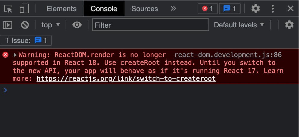 Warning shown by React 18 if rendered with ReactDOM.render: "ReactDOM.render is no longer supported in React 18. Use createRoot instead. Until you switch to the new API, your app will behave as if it’s running React 17. Learn more: https://reactjs.org/link/switch-to-createroot"